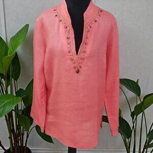 Rafaella Coral Embroidered Linen Tunic V- Neck Pullover Blouse 🧡 Size 12 🧡